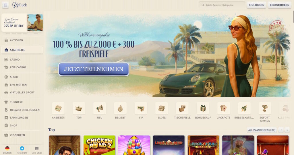 VIP Luck Startseite des Online Casinos